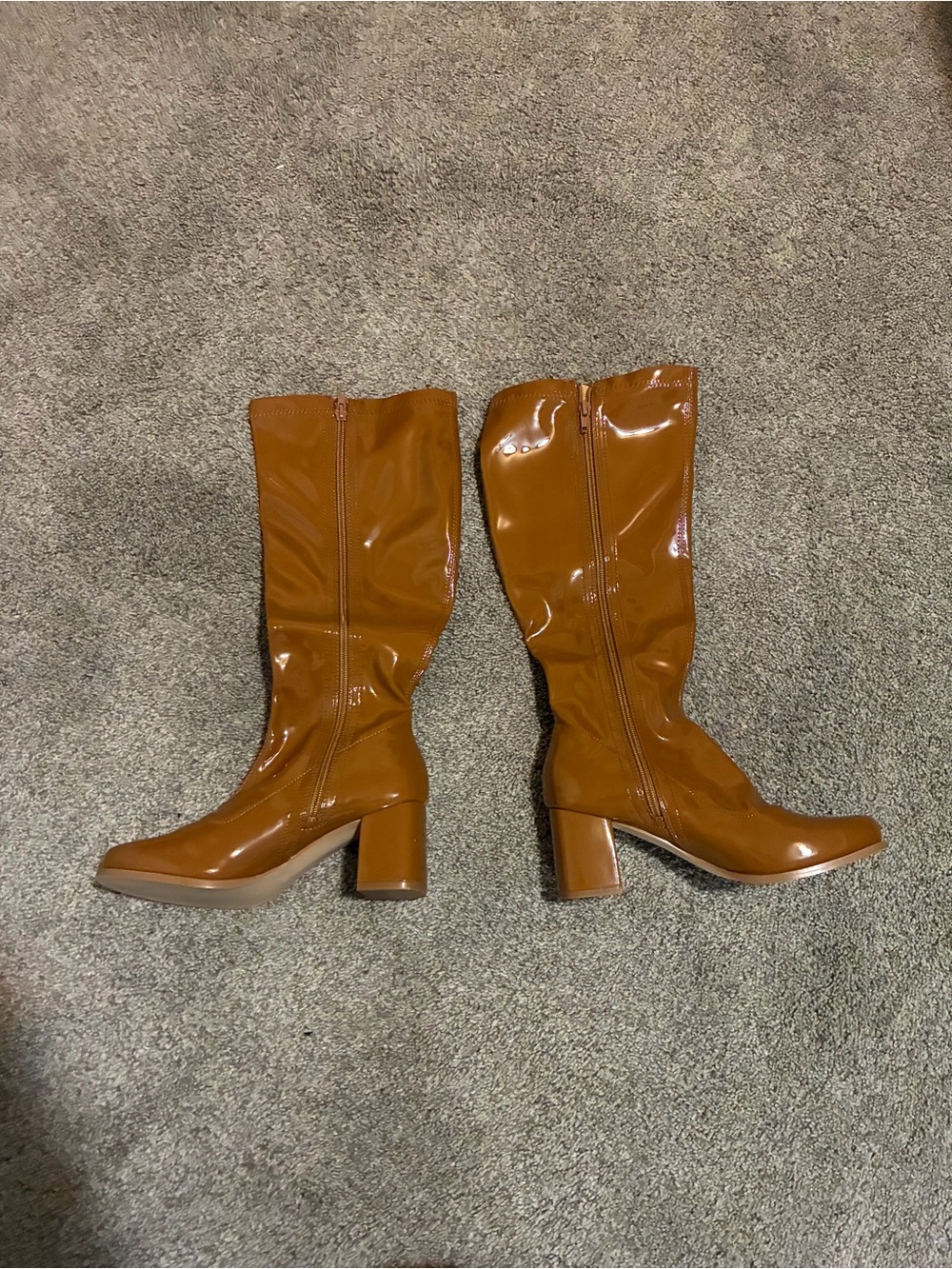 Brown Glossy Patent Knee-High Heeled Boots